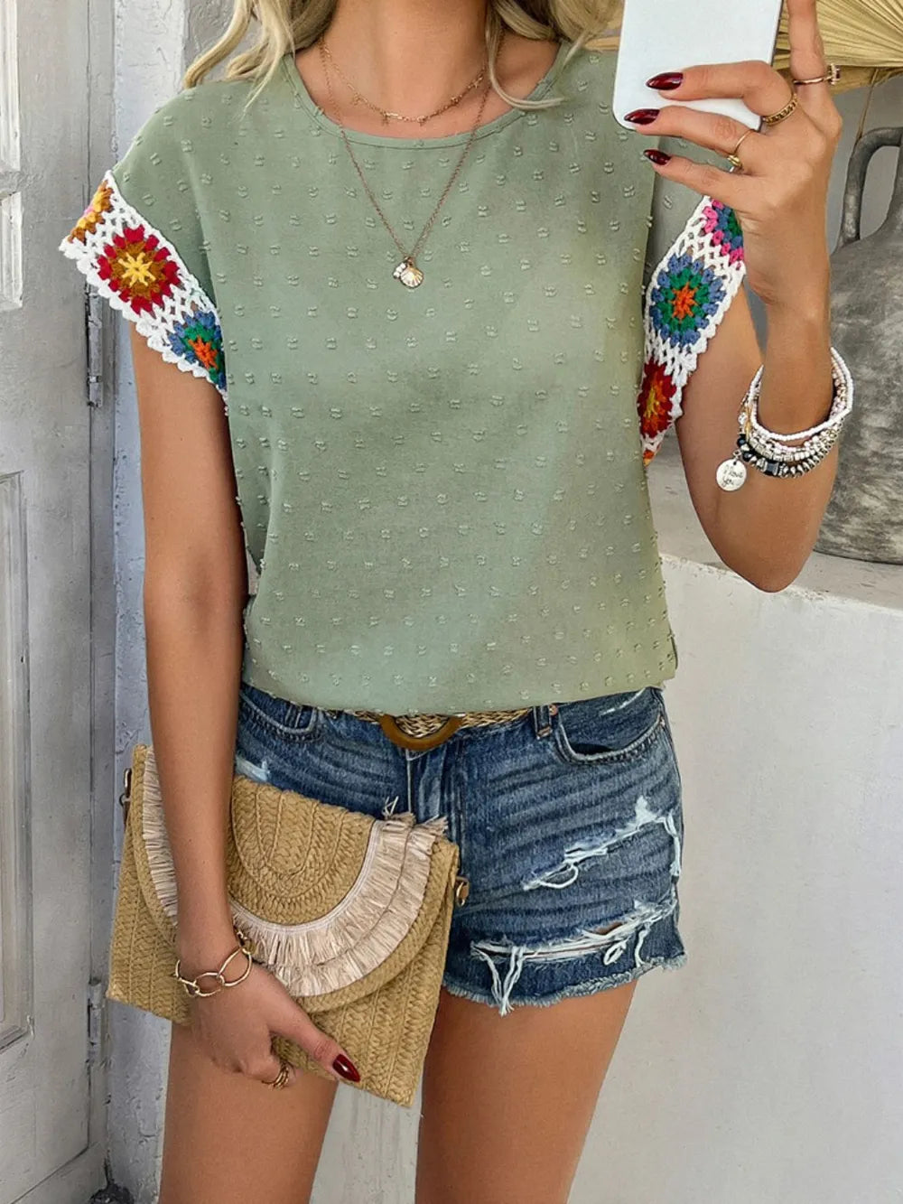 Devine Swiss Dot Crochet Short Sleeve Top, view 15