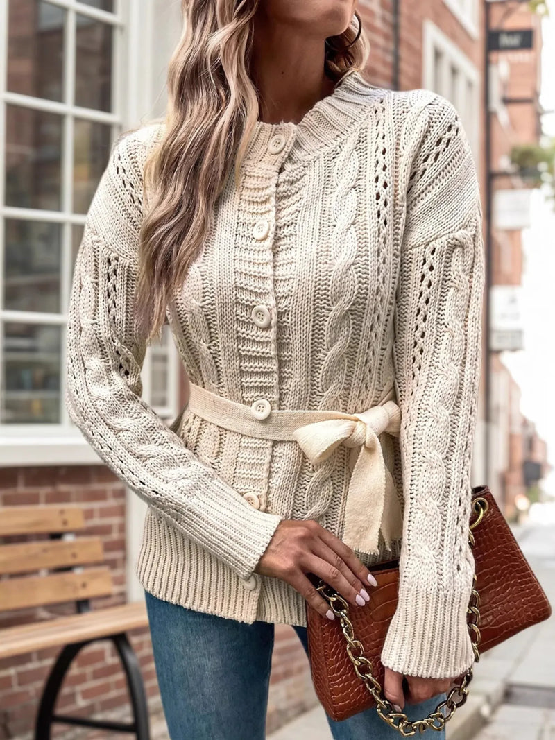 Cable knit belted button front cardigan, front view
