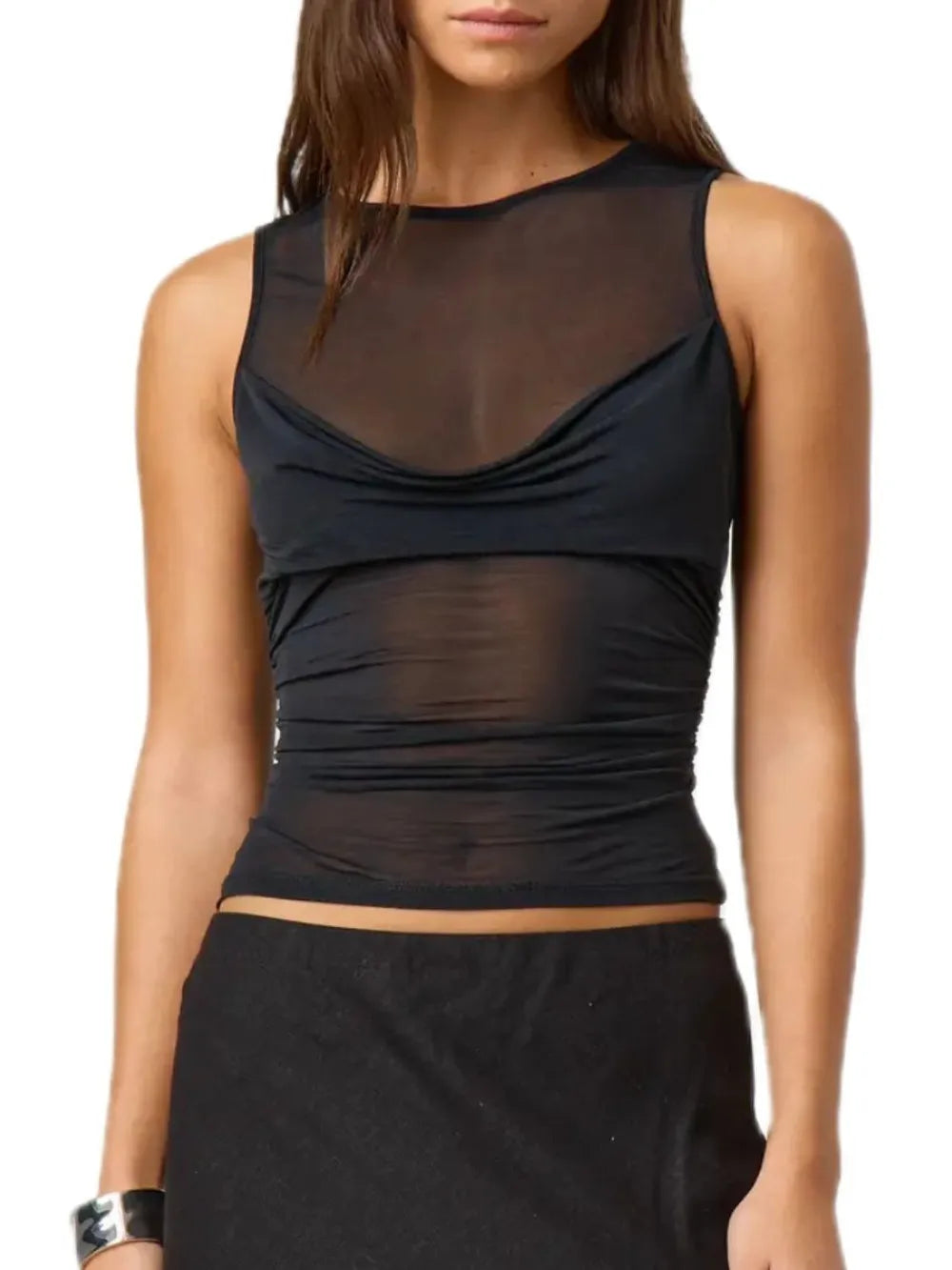Round neck ruched tank top in white