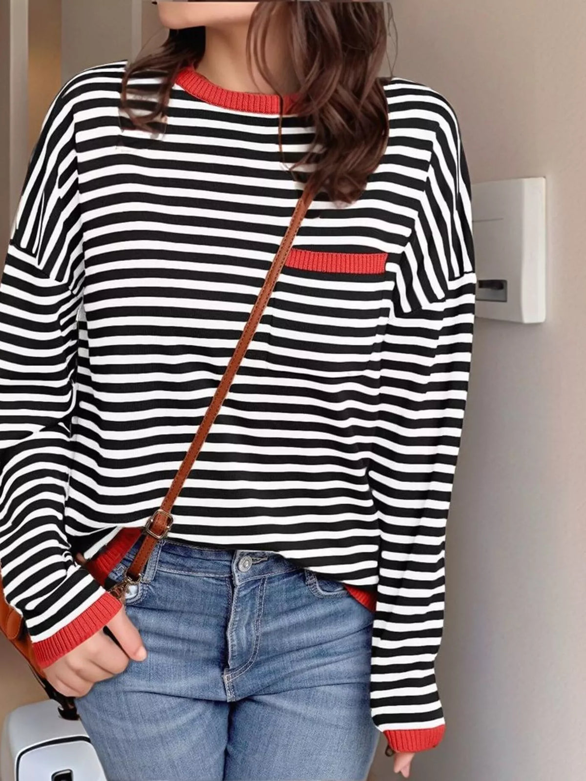 Striped round neck knit top full length view