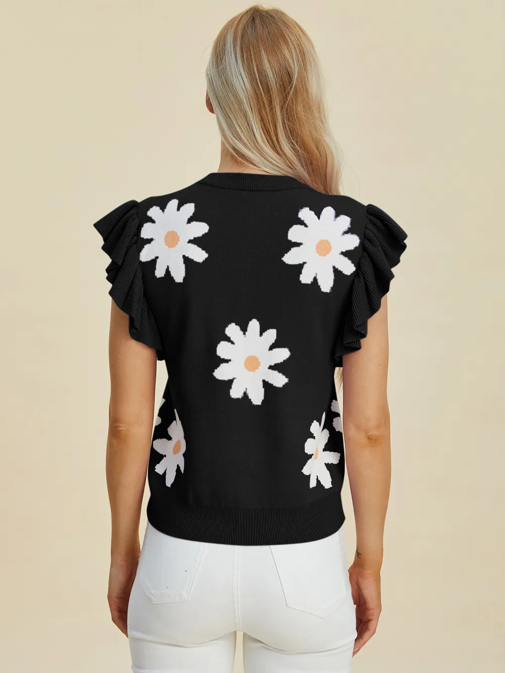 Romantic black ruffled sweater full length view