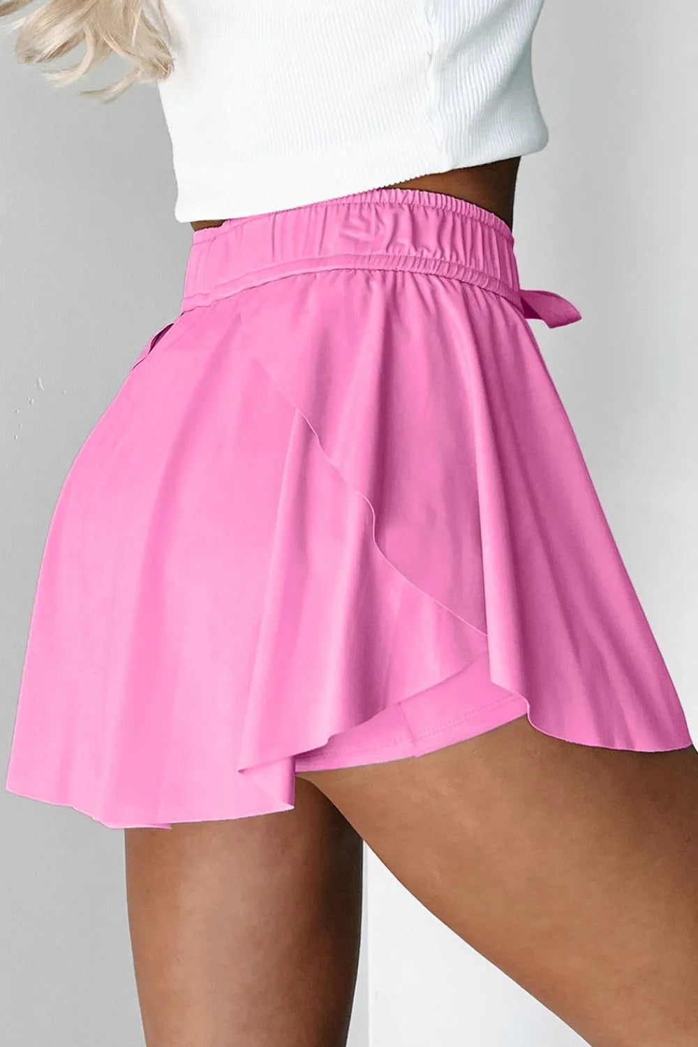 Drawstring high waist lined active skort front styling view