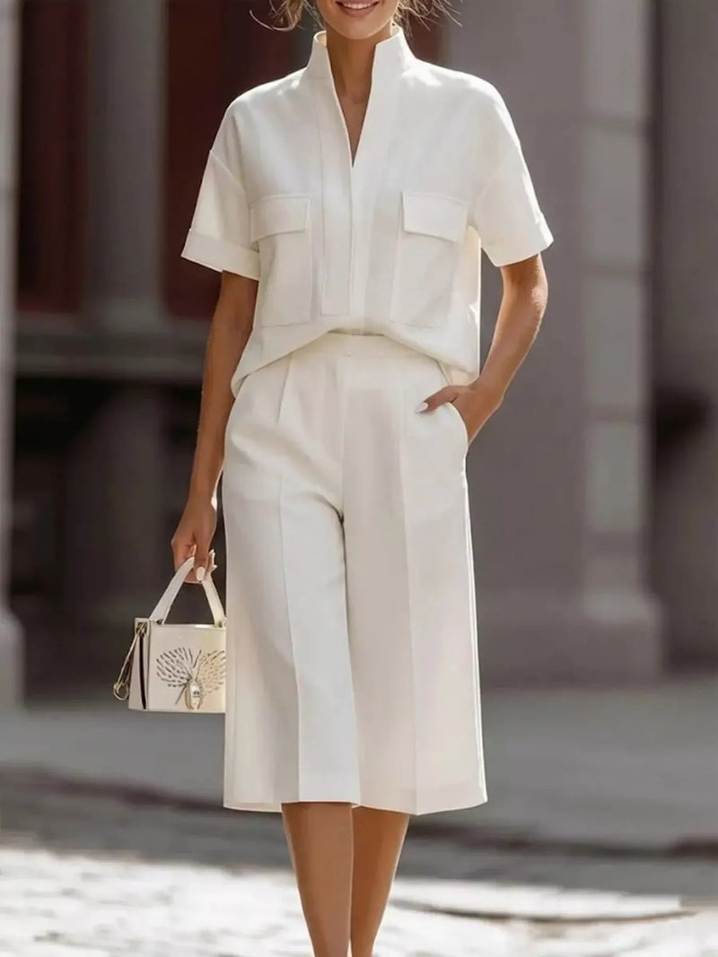 Short sleeve top and wide leg pants set front