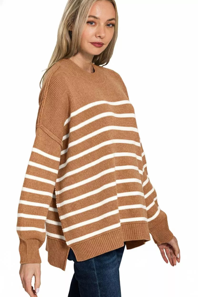 Exposed Seam Striped Oversized Sweater in Deep Camel back view