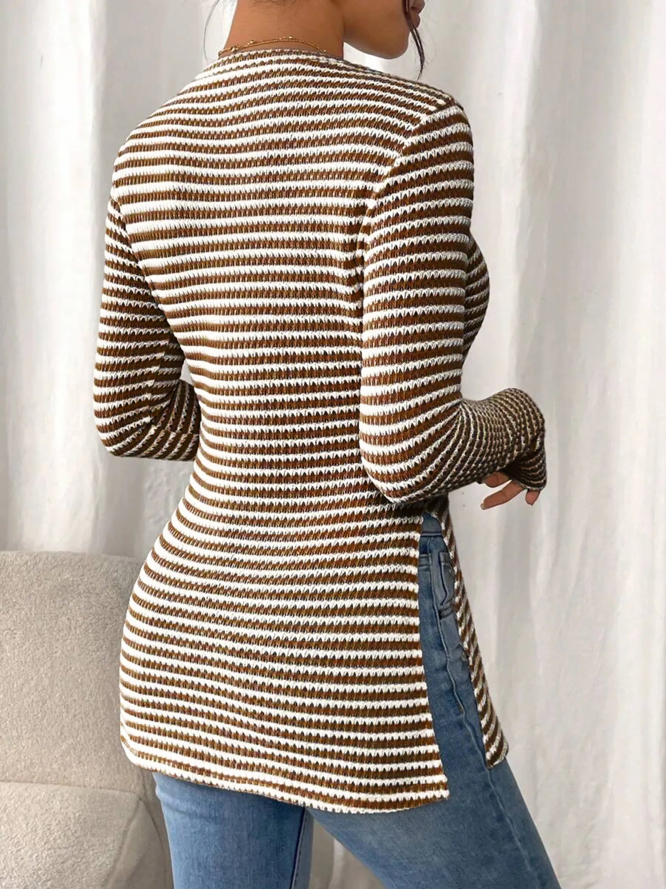 Side Slit Striped Long Sleeve T-Shirt - Fashorio