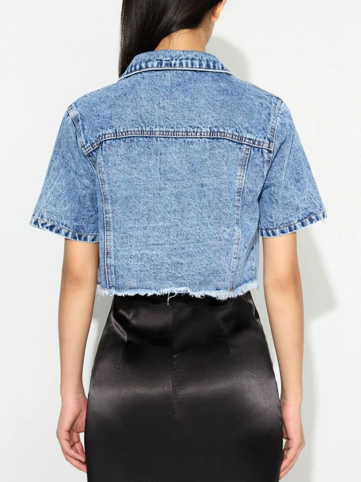 Cropped Short Sleeve Denim Jacket in Blue detail