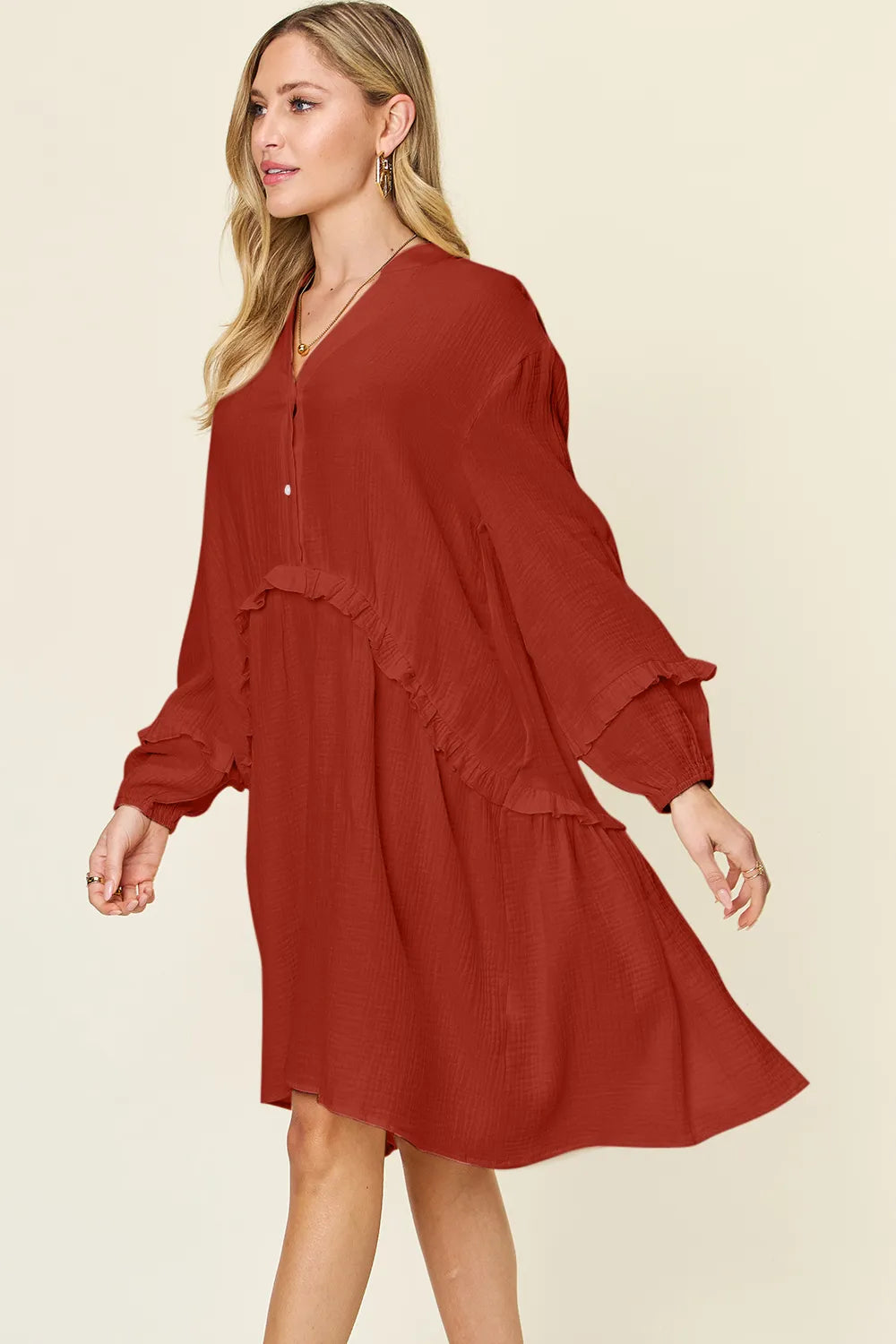 Caramel ruffle trim dress back view