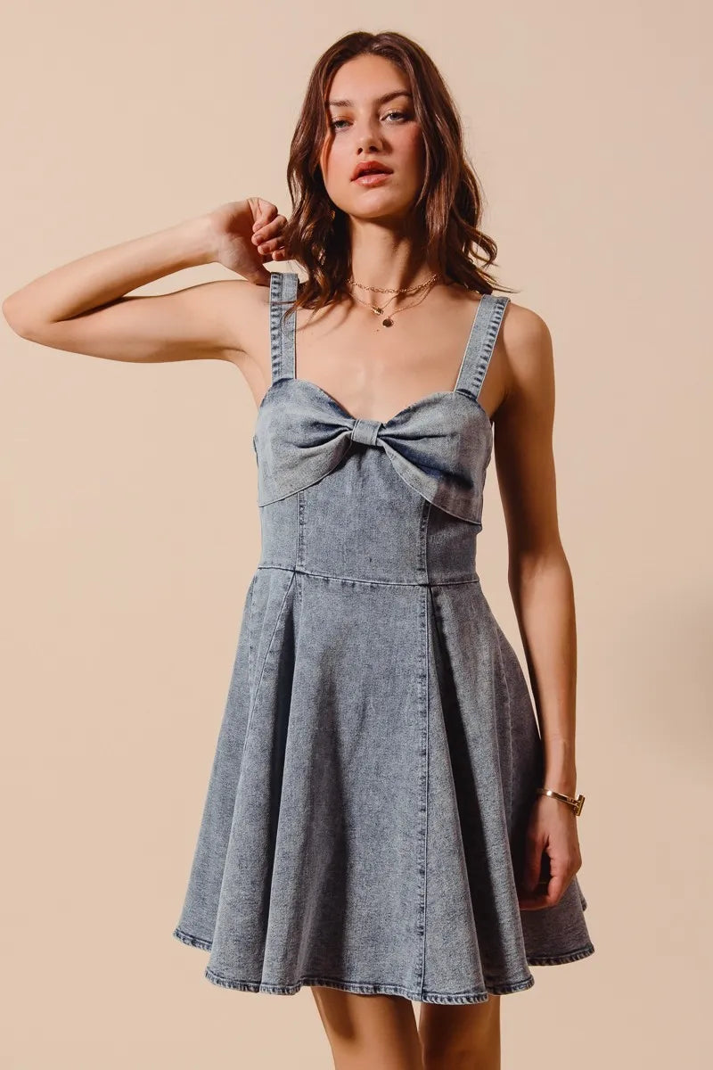 SO ME Mineral Washed Bow Ribbon Denim Flare Dress - Fashorio