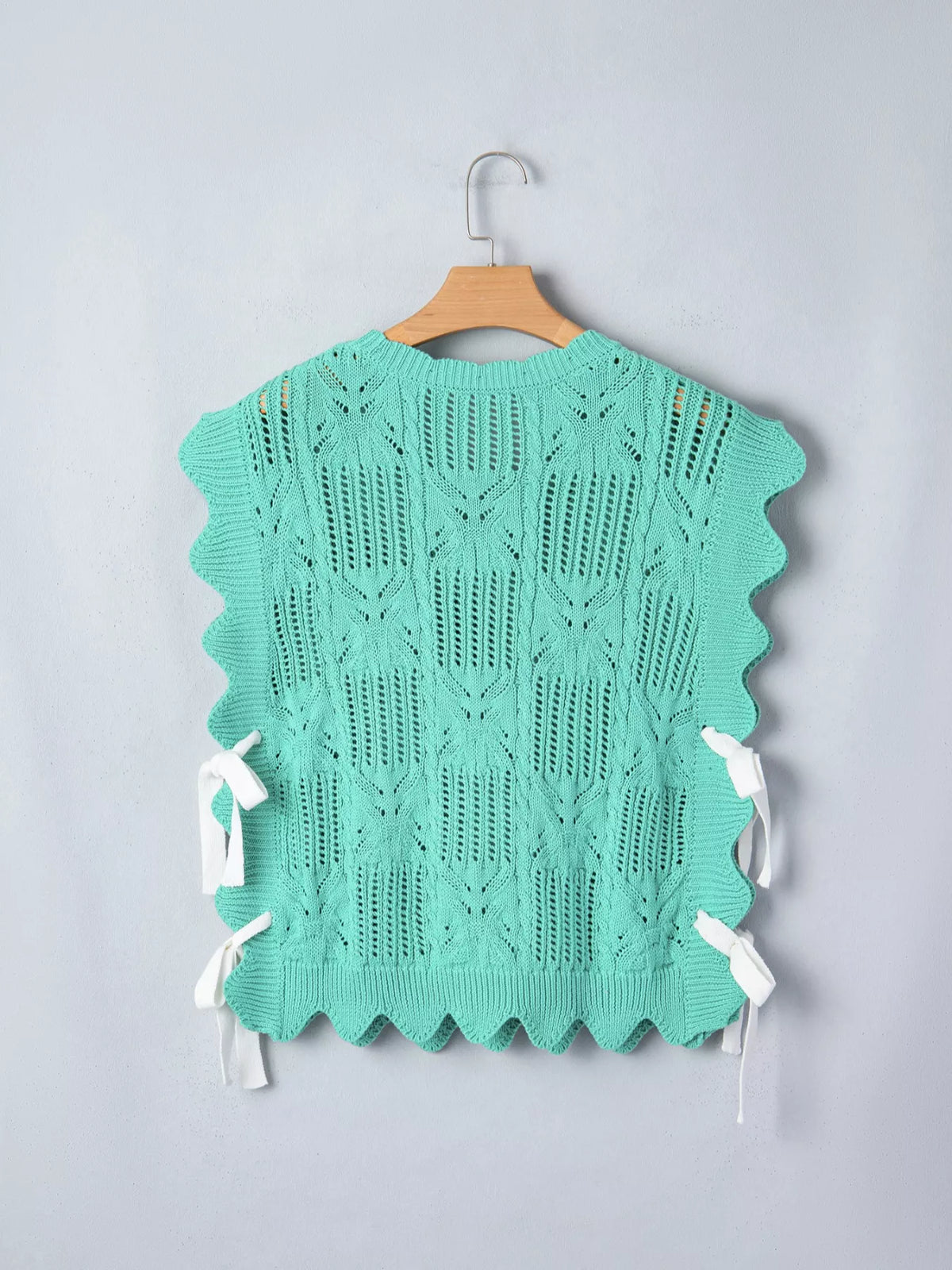 Pointelle Knit Scalloped Trim Short Sleeve Sweater, view 6