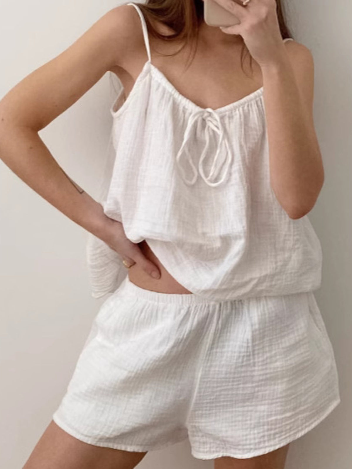 Relaxed fit cotton cami shorts set detail