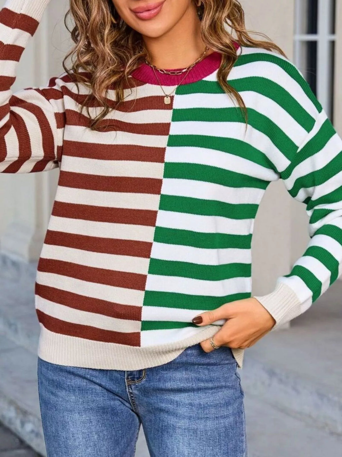 striped round neck sweater sleeve detail