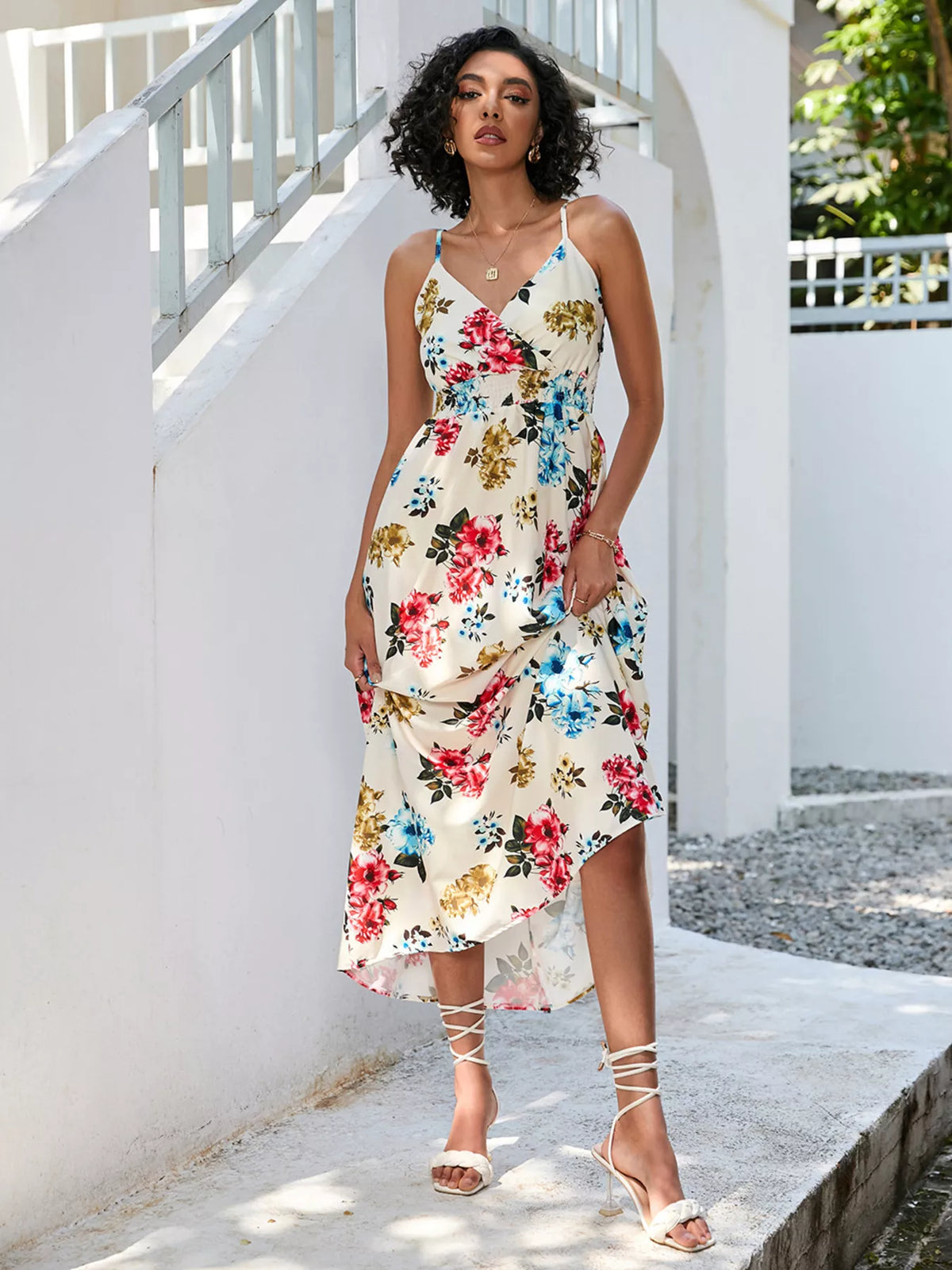 Floral print spaghetti strap midi dress back view