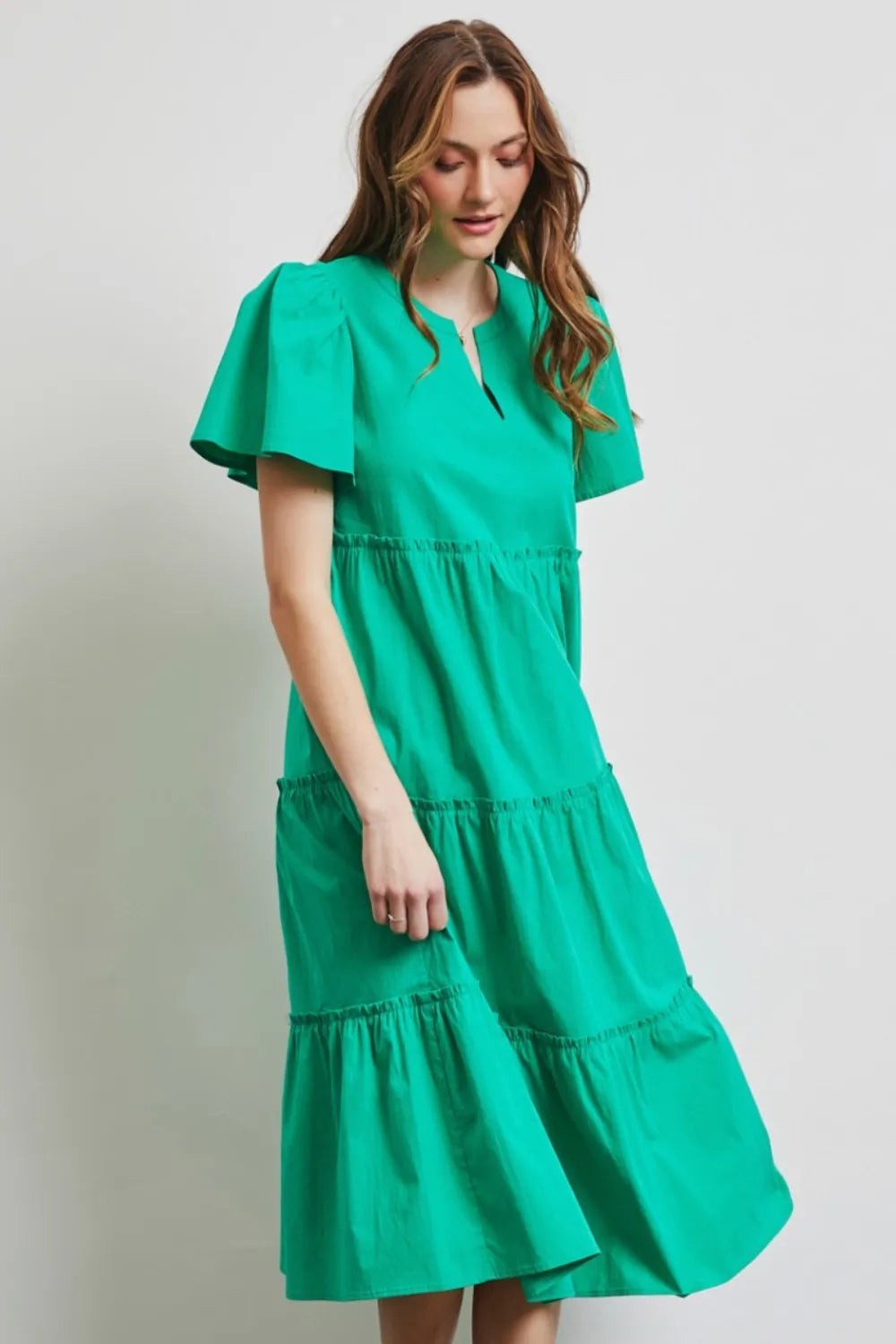Cotton Poplin Ruffled Tiered Midi Dress on model