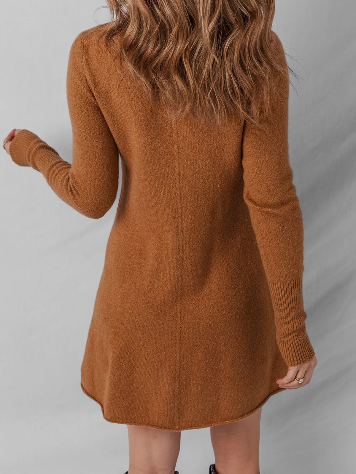Caramel ribbed sweater dress side view