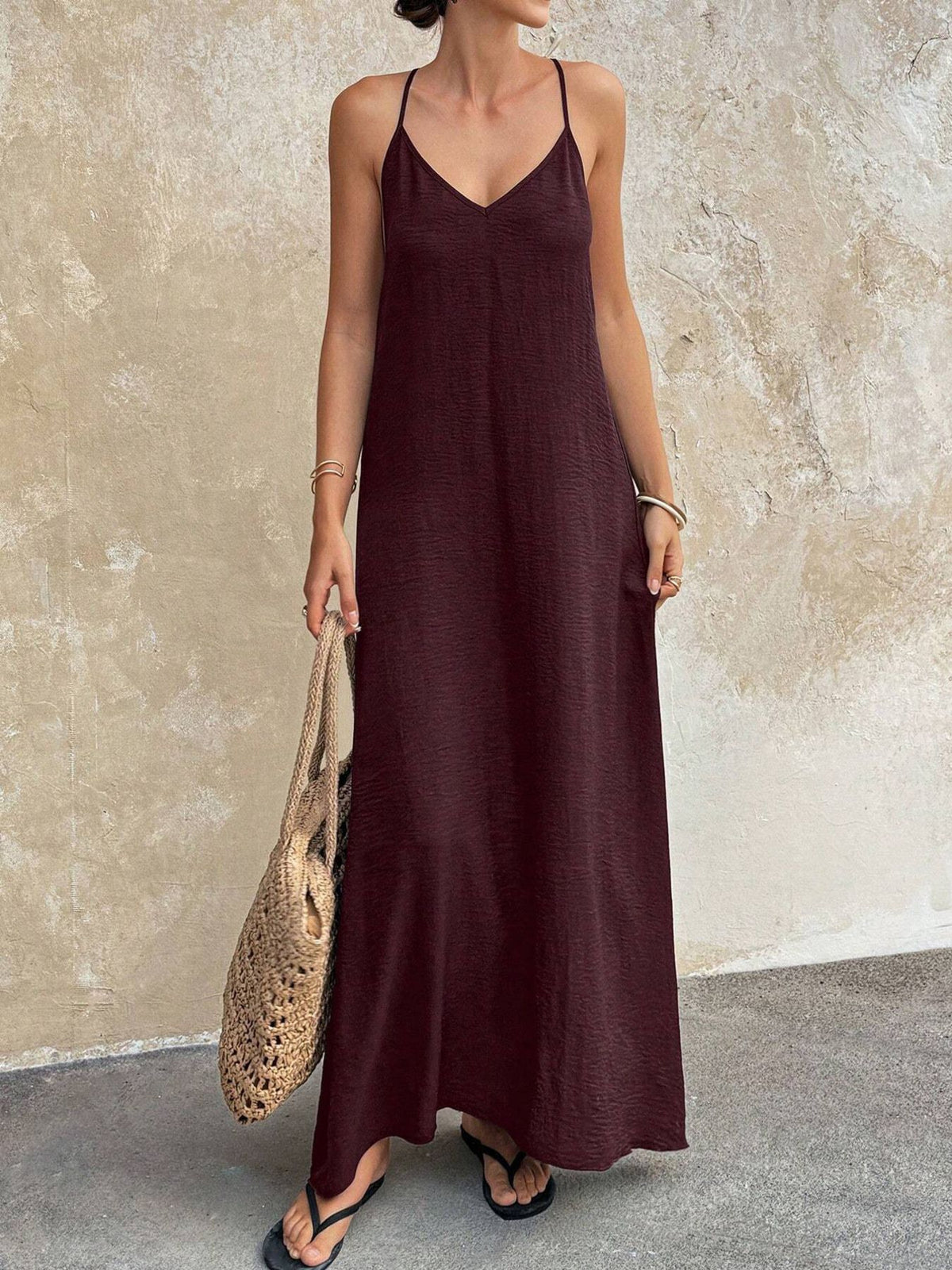 V neck backless maxi cami dress front view