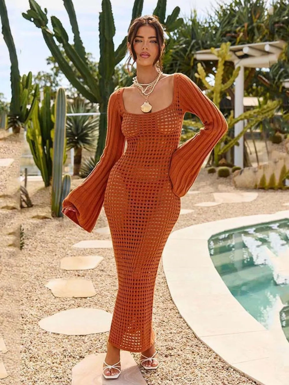 Openwork square neck cover up dress front view
