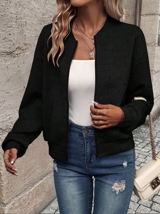 Textured Zip-Up Long Sleeve Jacket for Casual Layering Black - Fashorio