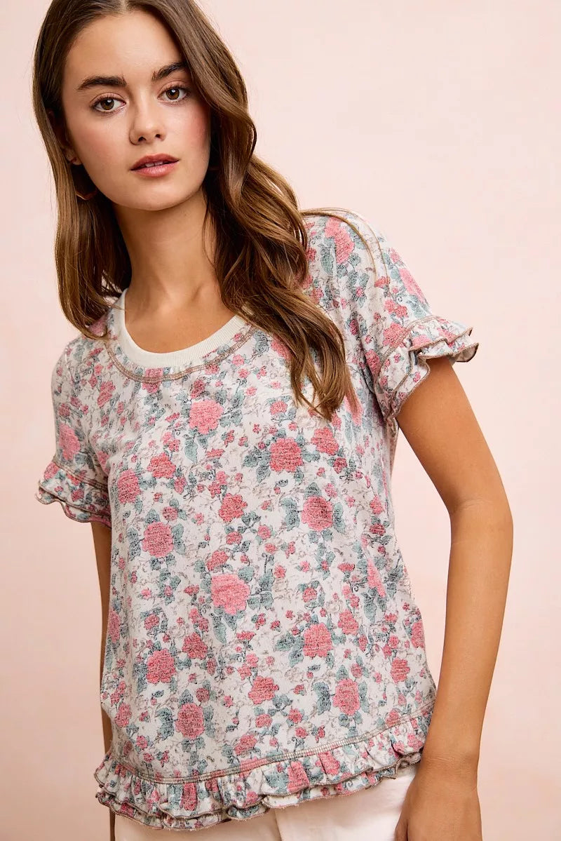 Rose floral print ruffle sleeve knit top back detail view