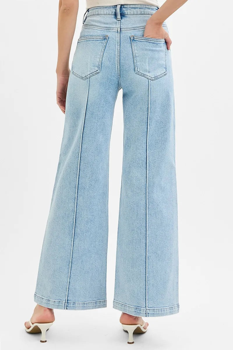 Full length drape of pintuck wide leg denim