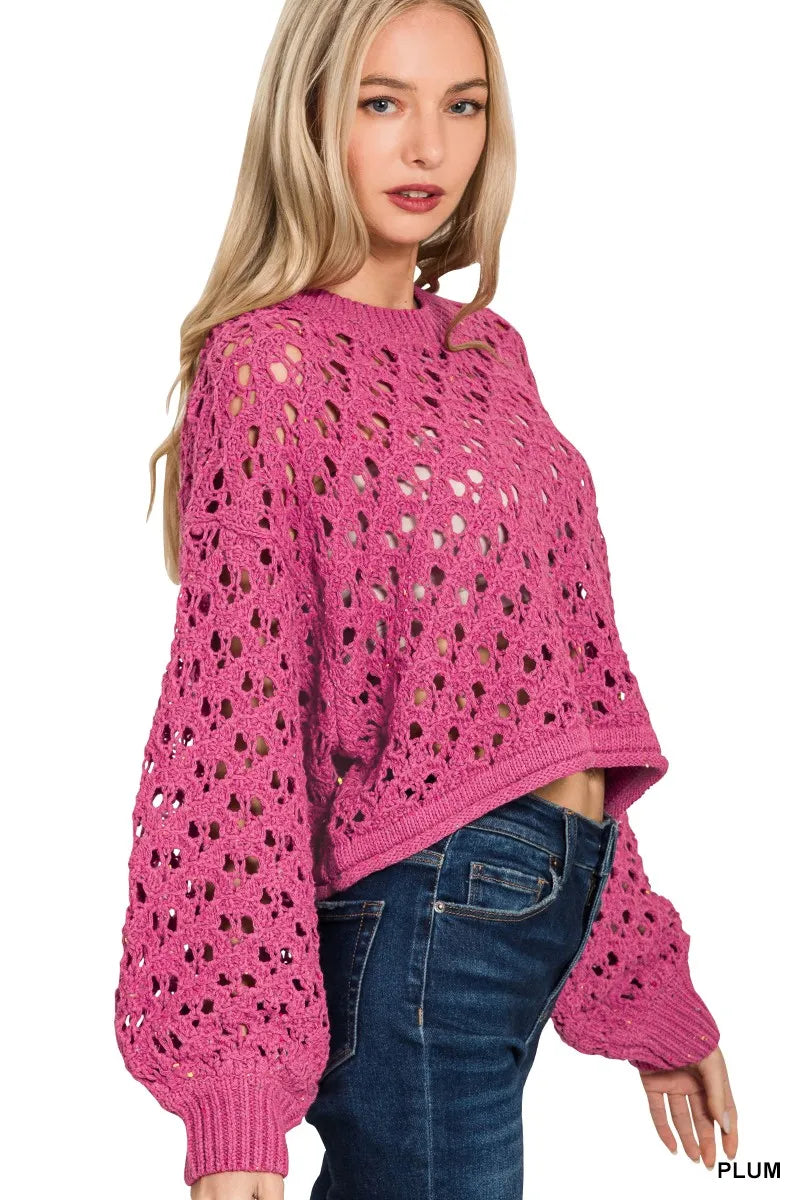Oversized Cropped Crochet Knit Sweater in Plum back view