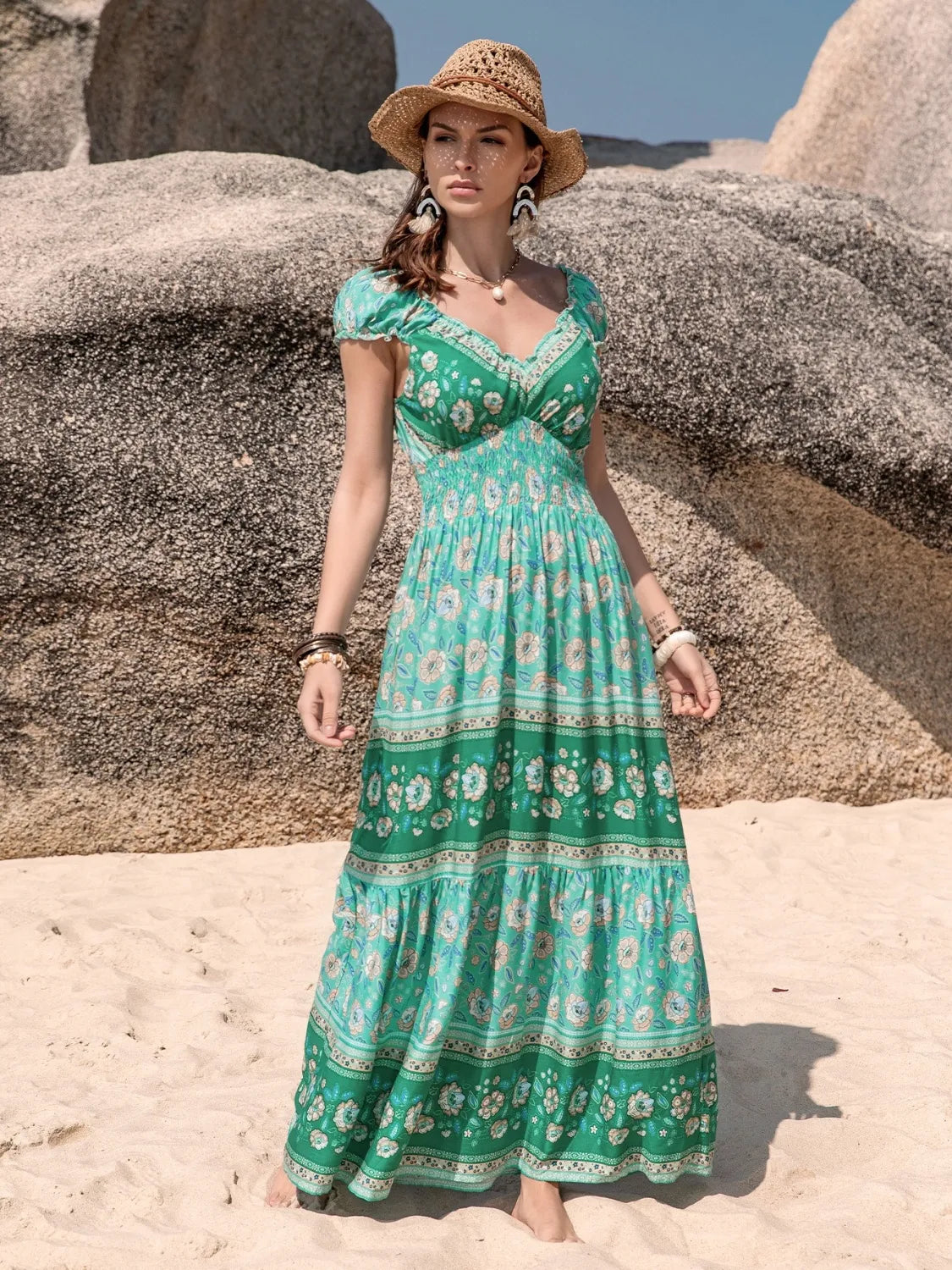 Smocked printed v neck dress front view