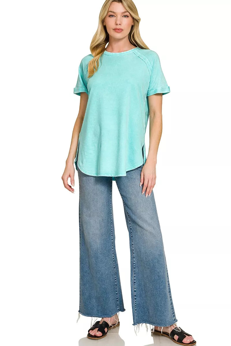 Mint sky Zenana french terry curved hem top side view