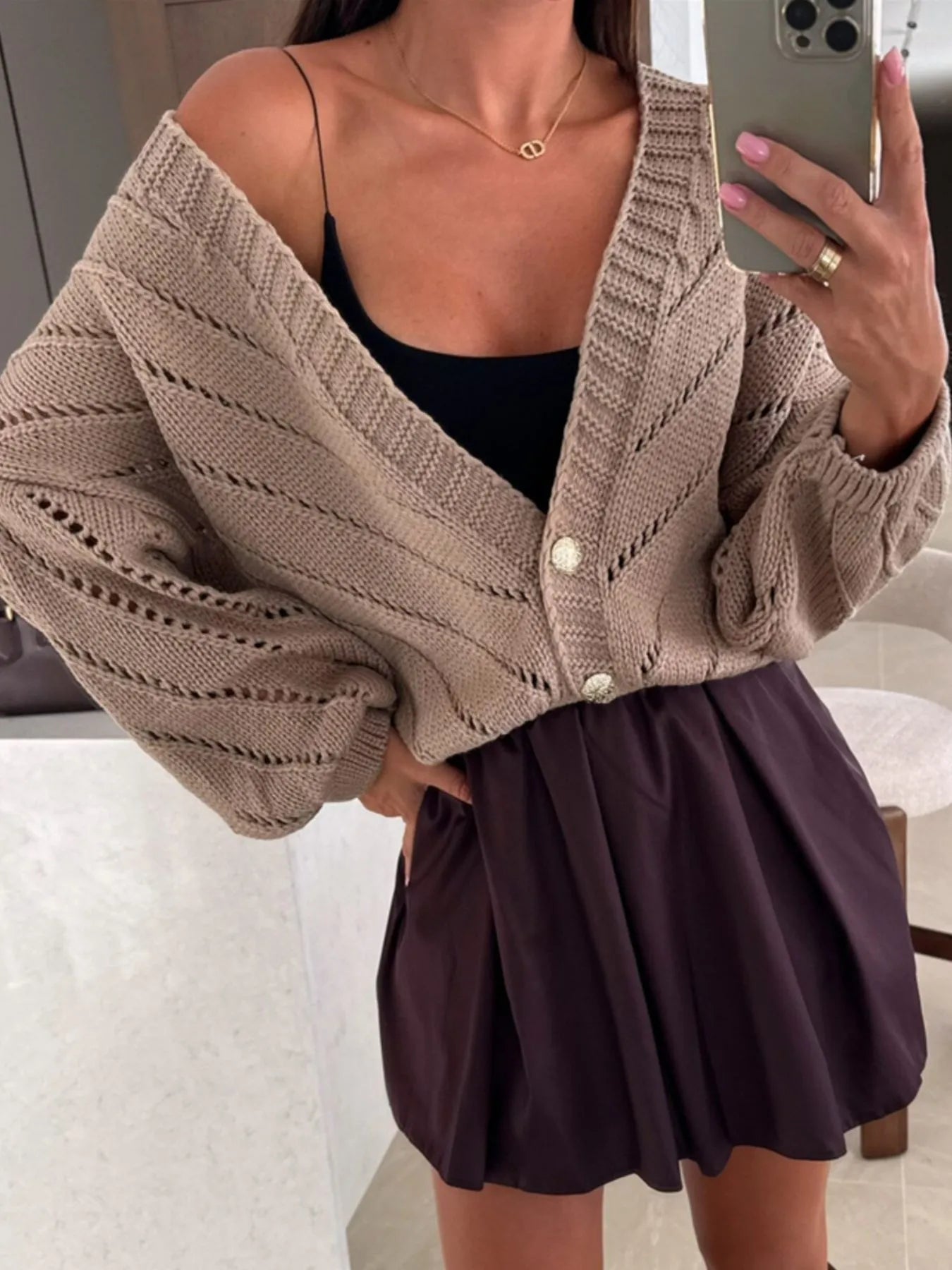 Openwork Long Sleeve Cardigan Khaki - Fashorio