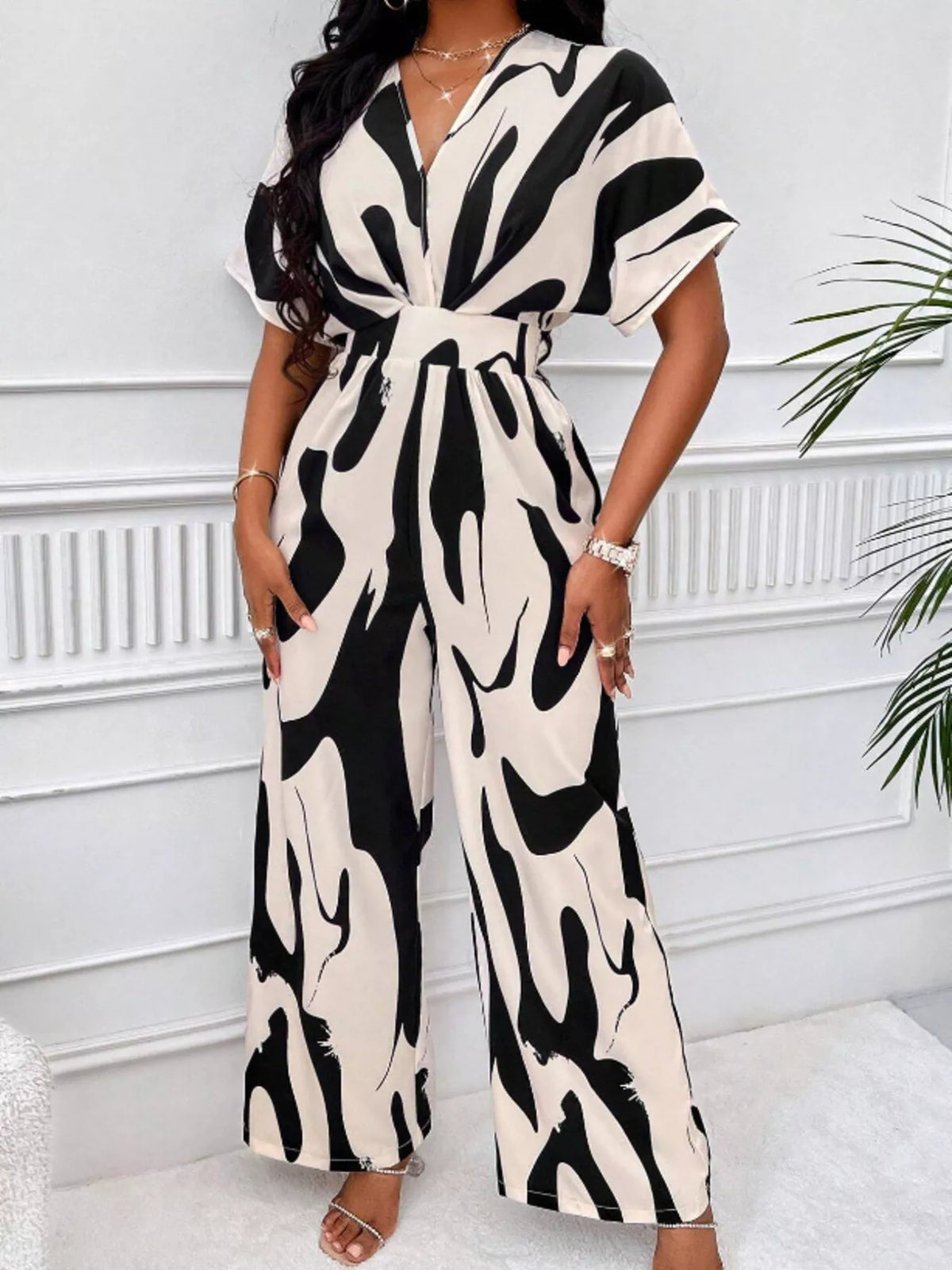 Abstract print wide leg jumpsuit with ruched bodice back view