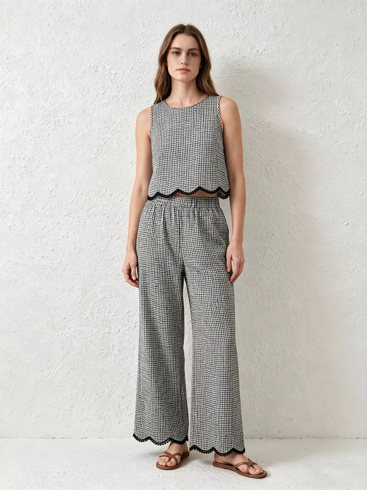 Black plaid scalloped trim tank and pants set front view