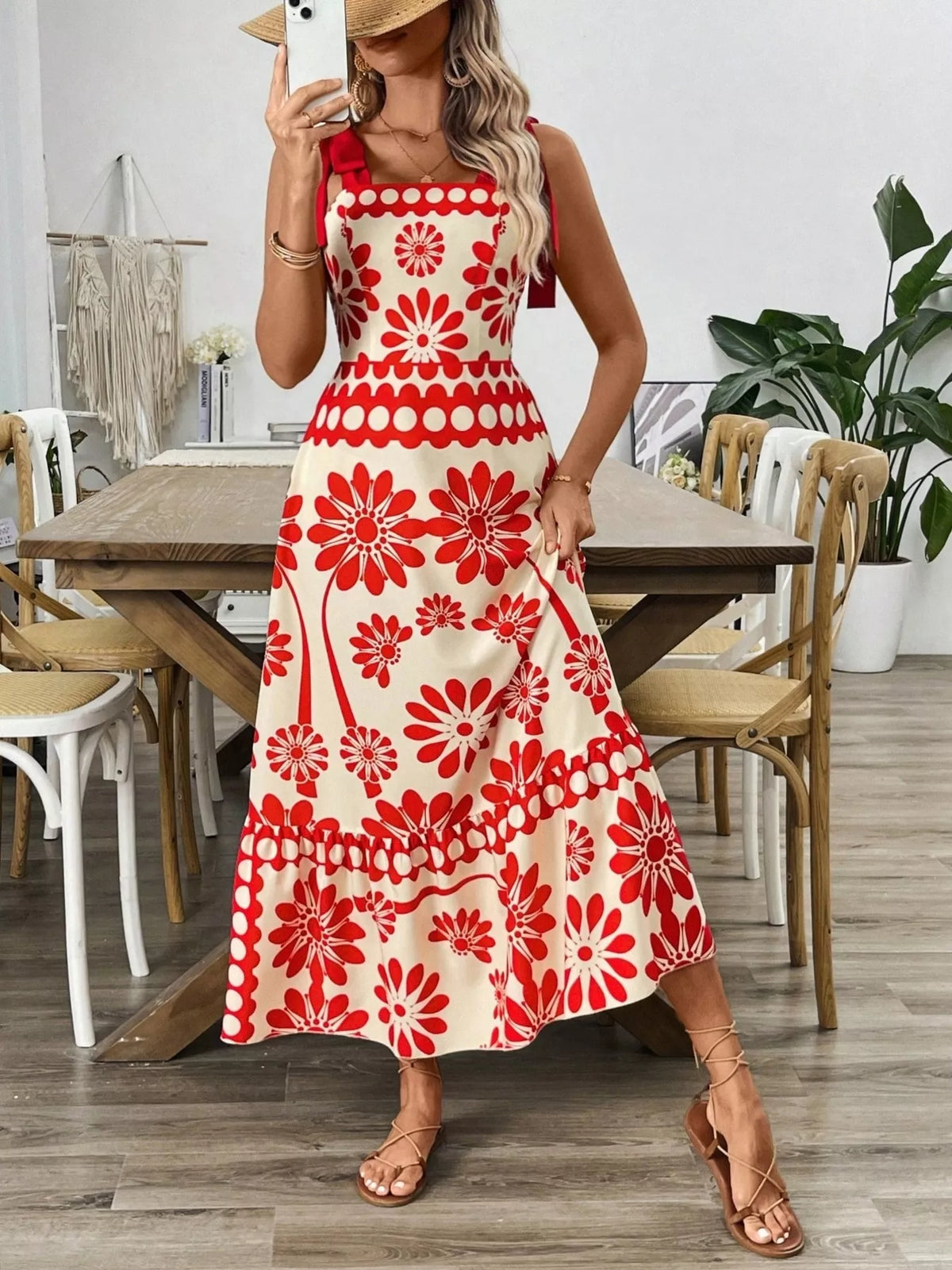 Red floral print tie shoulder midi dress front view