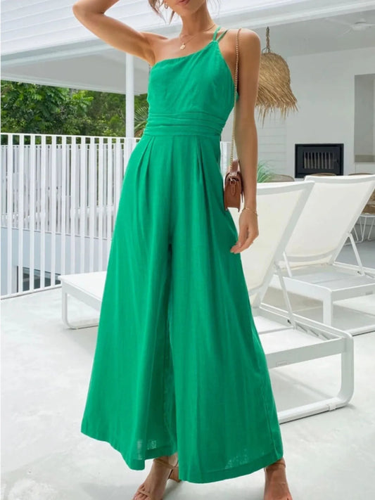 Single Shoulder Wide Leg Jumpsuit Green - Fashorio