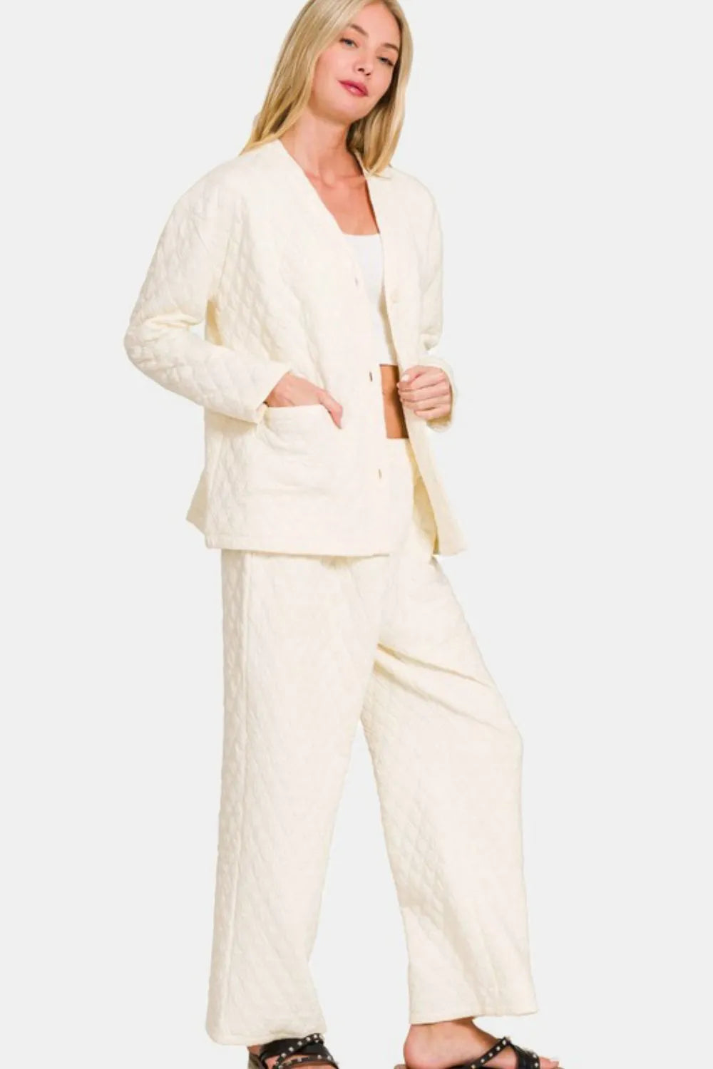 Zenana Quilted Button Up Long Sleeve Top and Pants Lounge Set - Fashorio