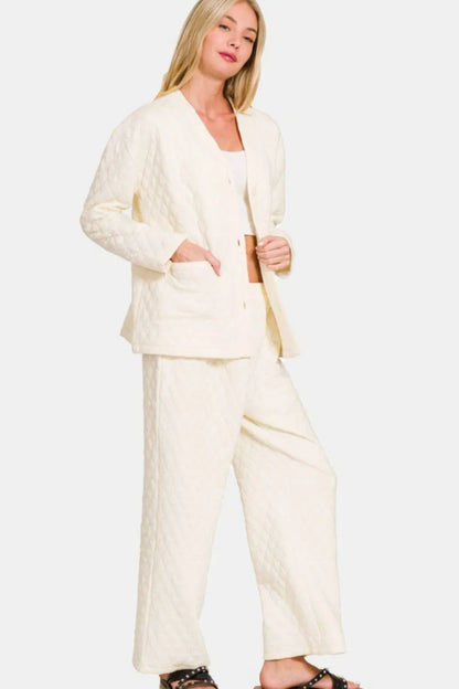 Zenana Quilted Button Up Long Sleeve Top and Pants Lounge Set - Fashorio