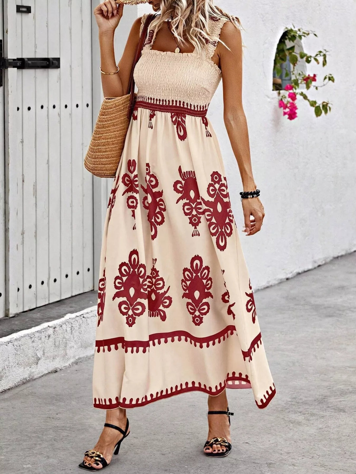 printed square neck smocked maxi dress close up