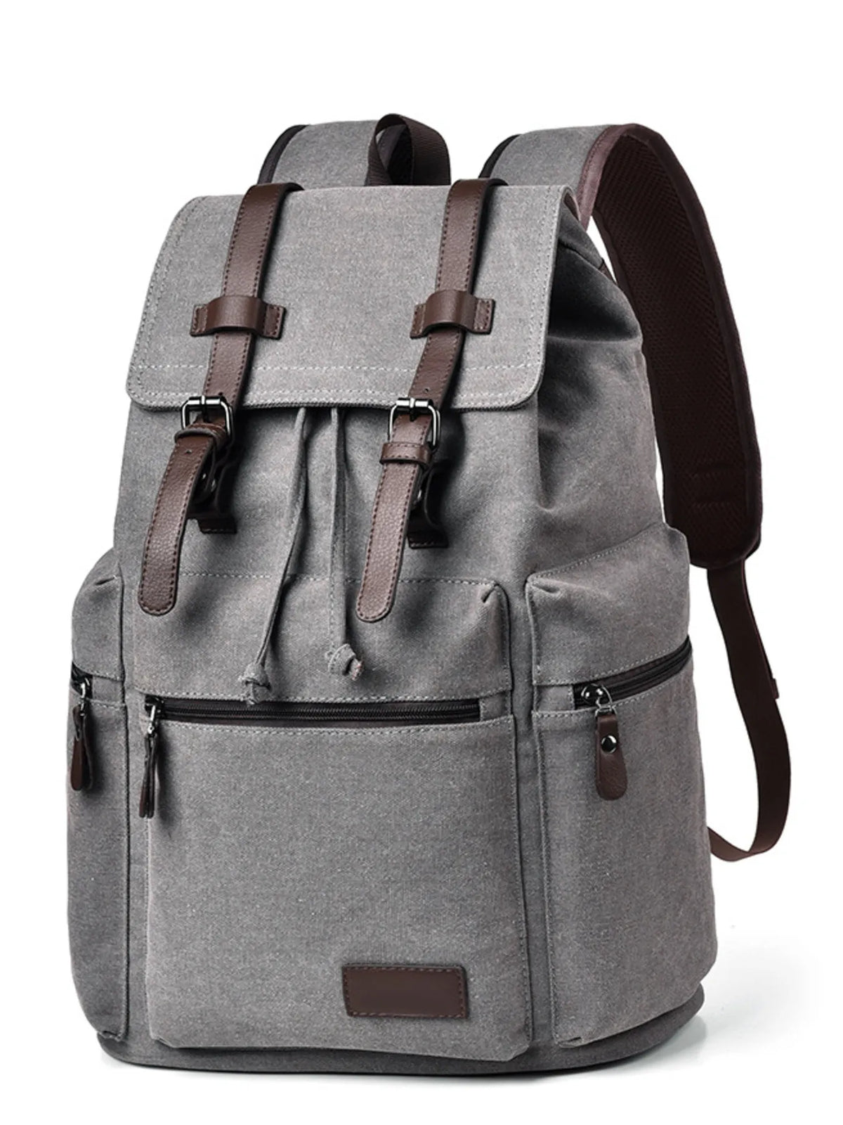 Khaki canvas buckle backpack front view