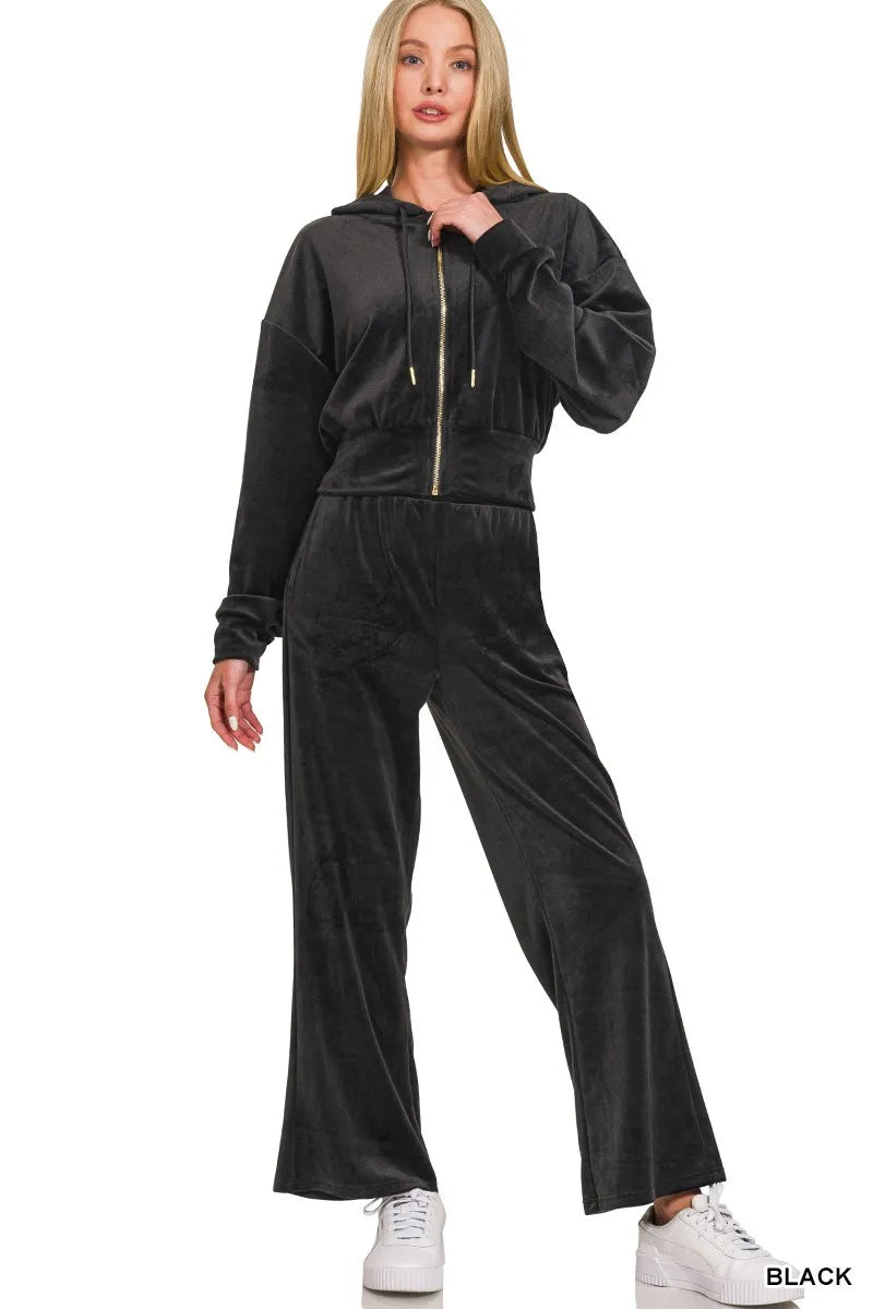 Black velvet zip up hoodie and pants set front