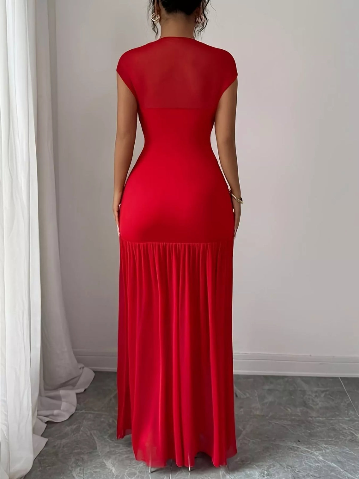 Red ruched cap sleeve maxi dress detail view