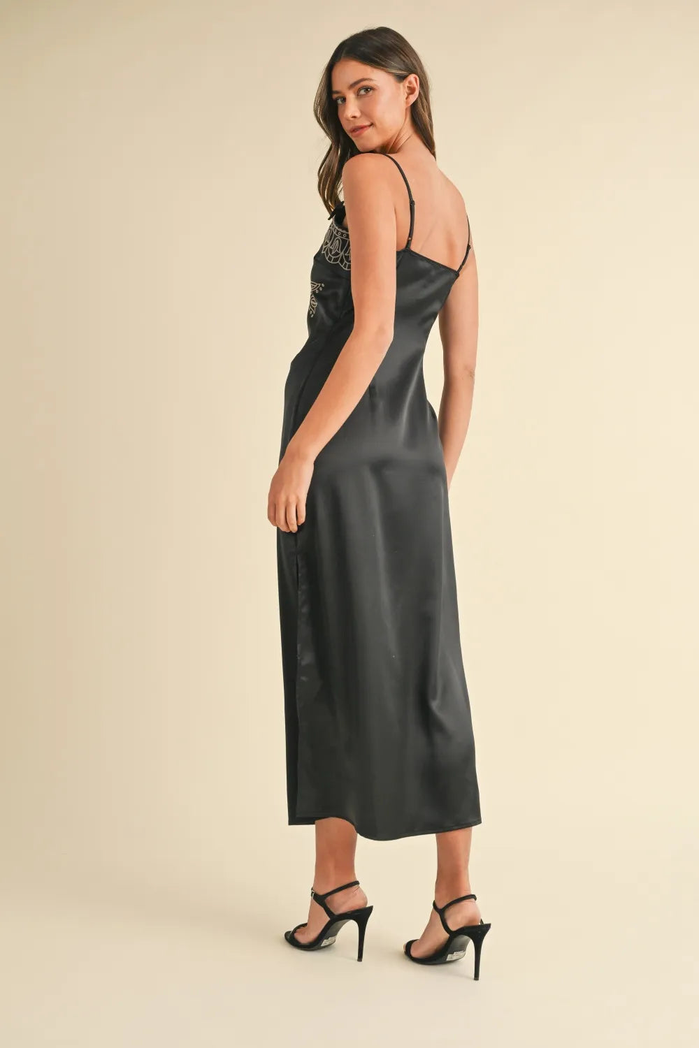 Embroidered Cami Satin Midi Slit Dress back view