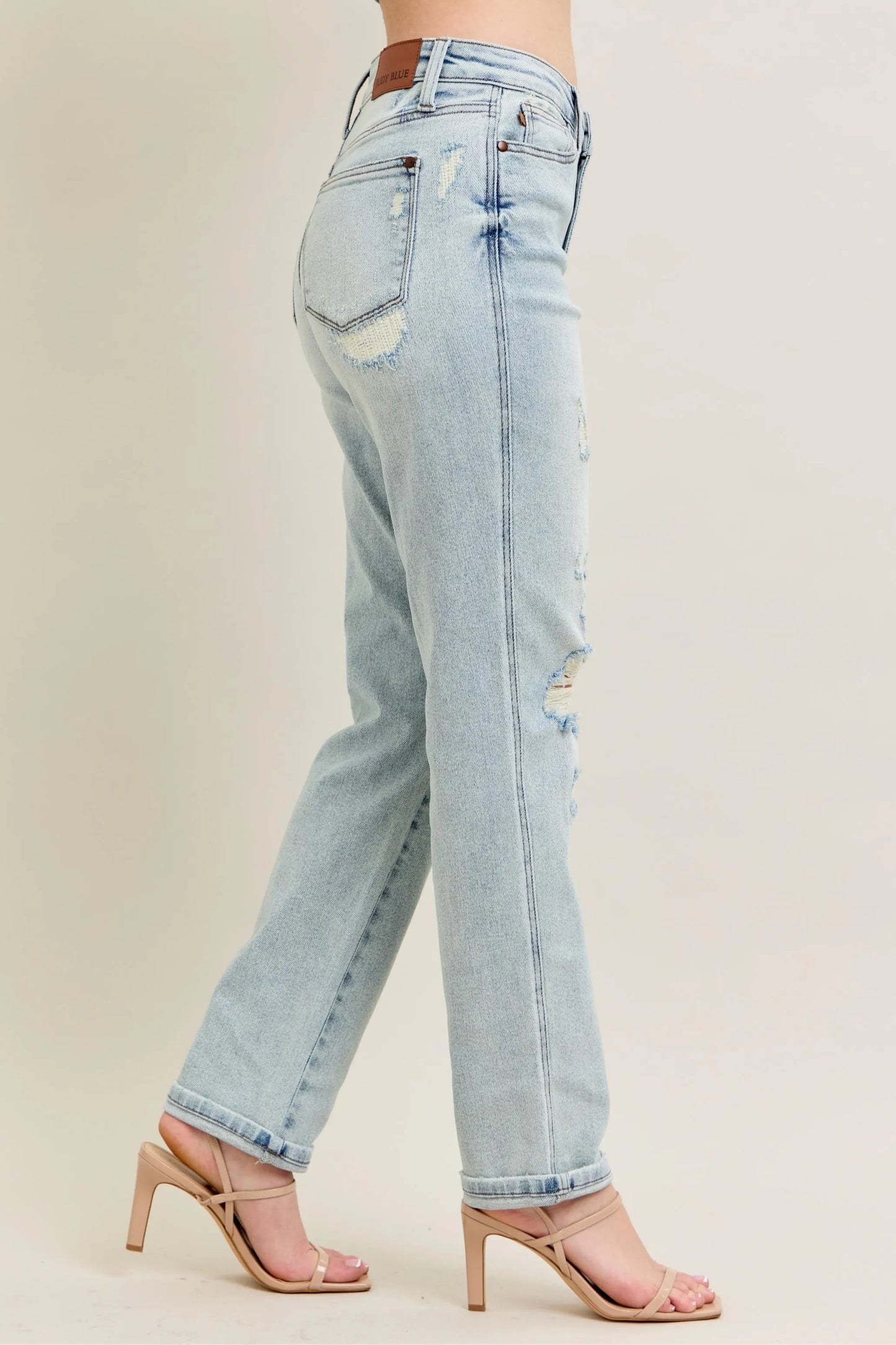 Judy Blue Full Size Mr Repair Stitch Detail Destroy Single Cuff Bf Jeans Plus Size - Fashorio