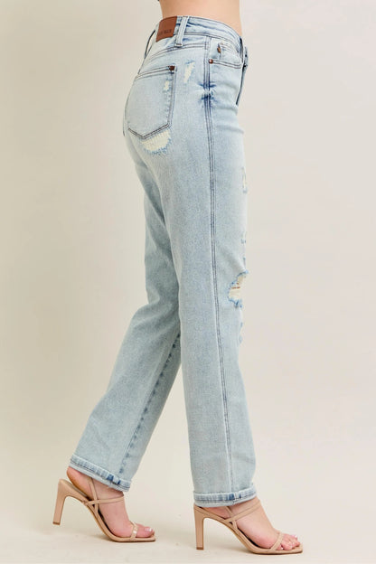 Judy Blue Full Size Mr Repair Stitch Detail Destroy Single Cuff Bf Jeans Plus Size - Fashorio