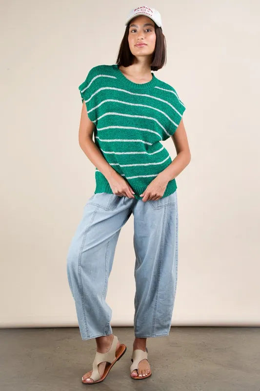 Striped Knit Sweater Vest Top in Green styled look