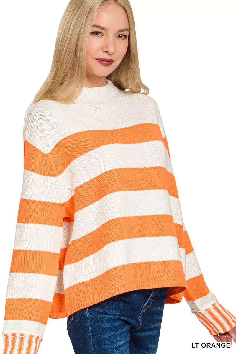 Ribbed Striped Mock Neck Sweater in Orange back view