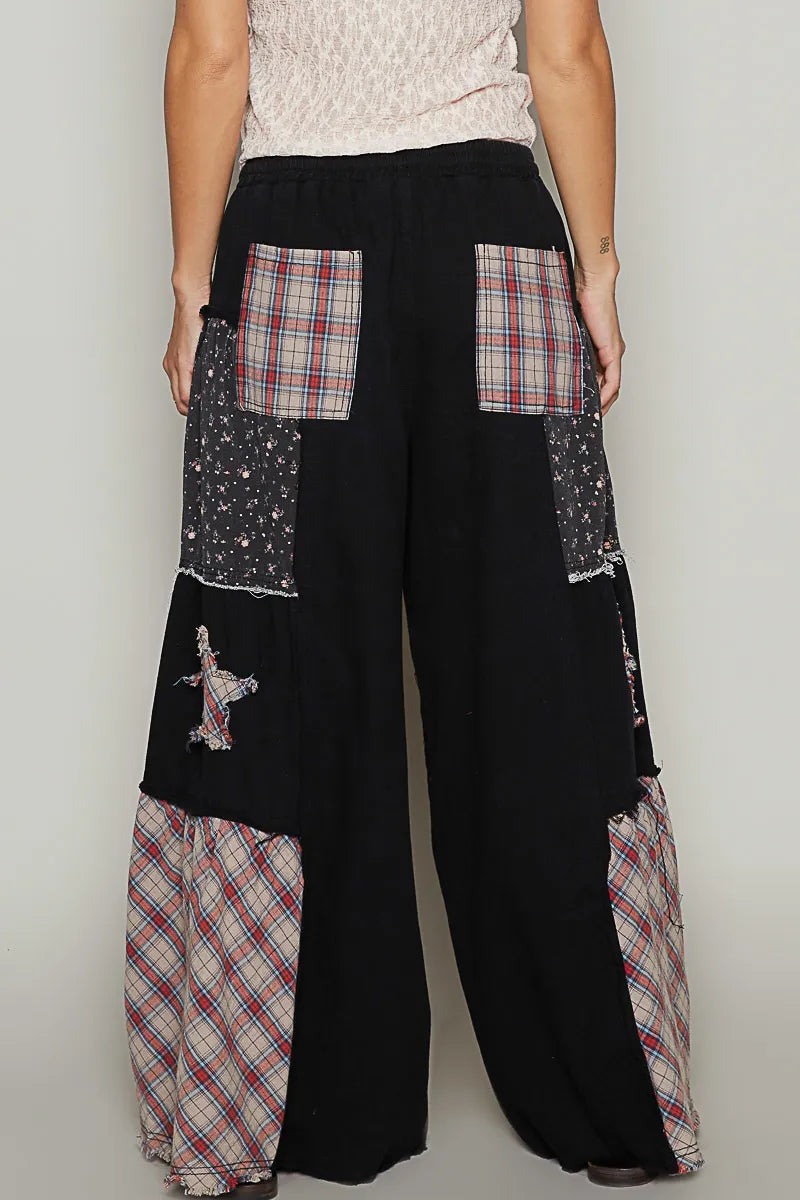 POL Drawstring Star Patch Contrast Wide Leg Pants - Fashorio