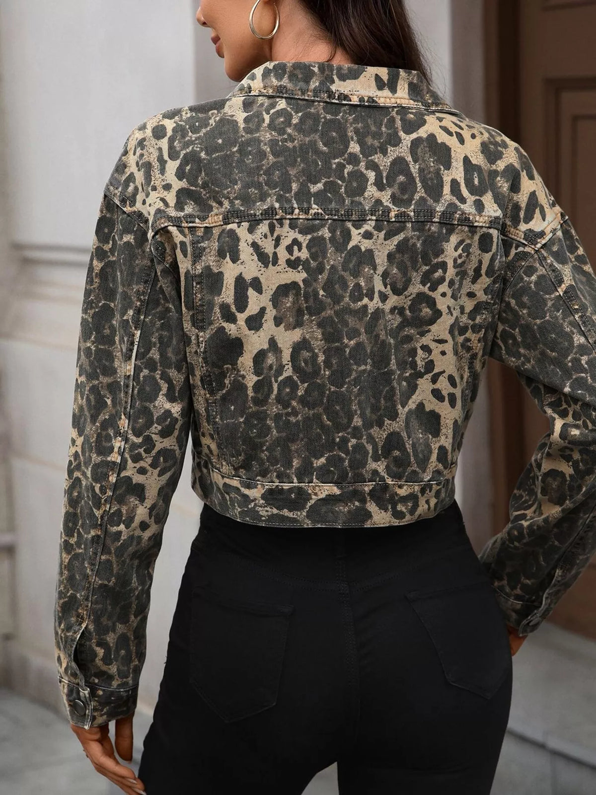 Leopard Print Cropped Denim Jacket back view