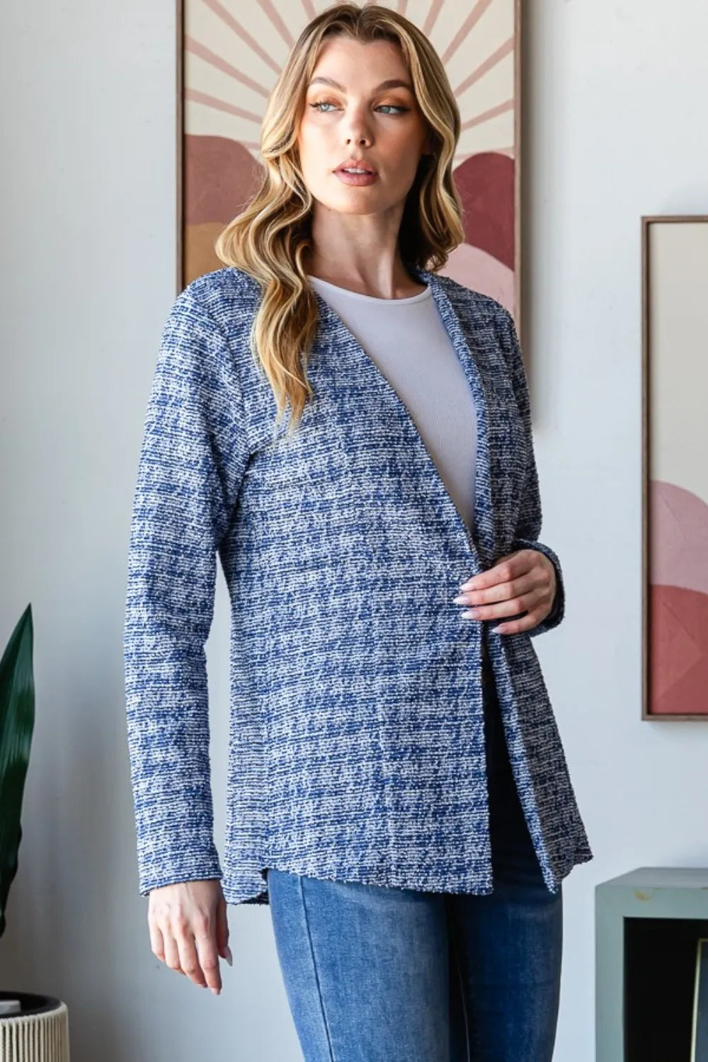 Heimish Full Size Houndstooth Tweed Open Front Blazer - Fashorio