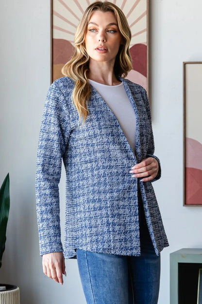 Heimish Full Size Houndstooth Tweed Open Front Blazer - Fashorio