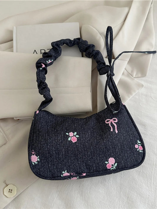 Embroidered Ruched Strap Shoulder Bag Black One Size - Fashorio
