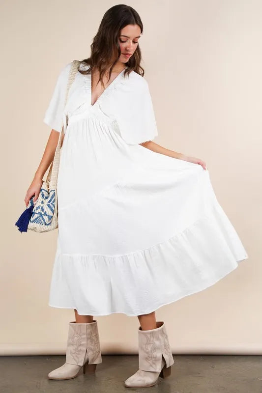 Mineral Washed Elastic Neck Detail Midi Dress styled look