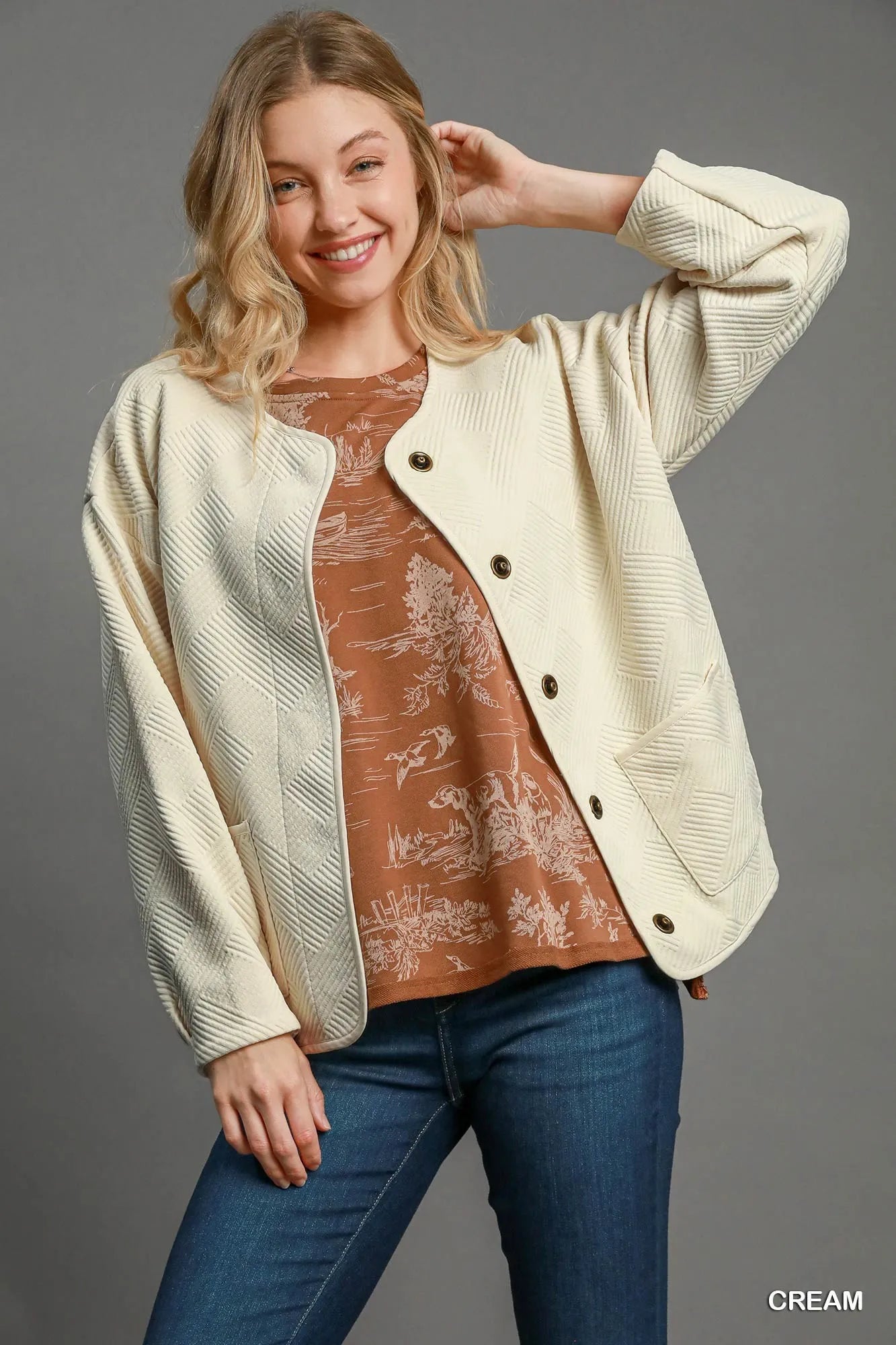 Umgee Textured Jacquard Jacket – Buttoned Pocketed Style Cream - Fashorio