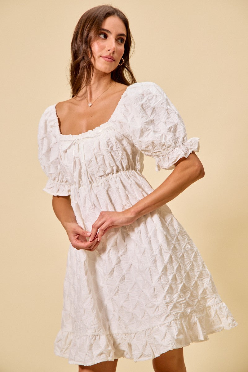 Textured Ruched Bust Mini Dress in Off White detail